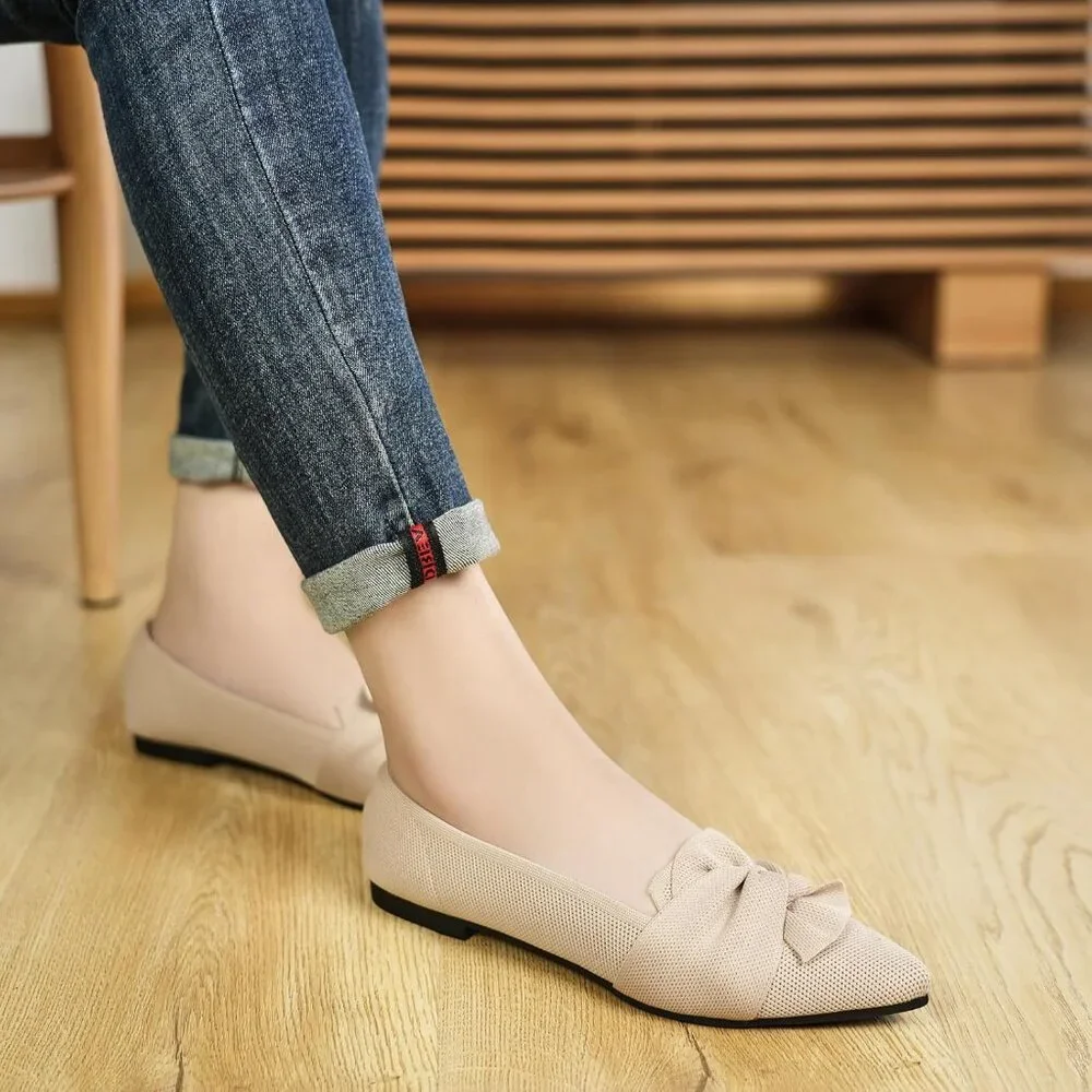 Women's Beige Pointed Toe Ballet Flats with Bow Comfortable Knit Dressy Flats - Picture 7 of 8